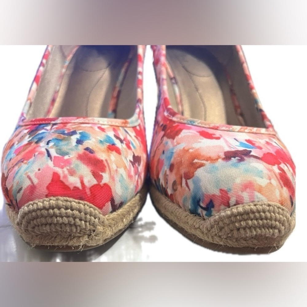 Life Stride Pink White Blue Floral Watercolor Cork Wedge Slip On High Heels 10M - Picture 4 of 13
